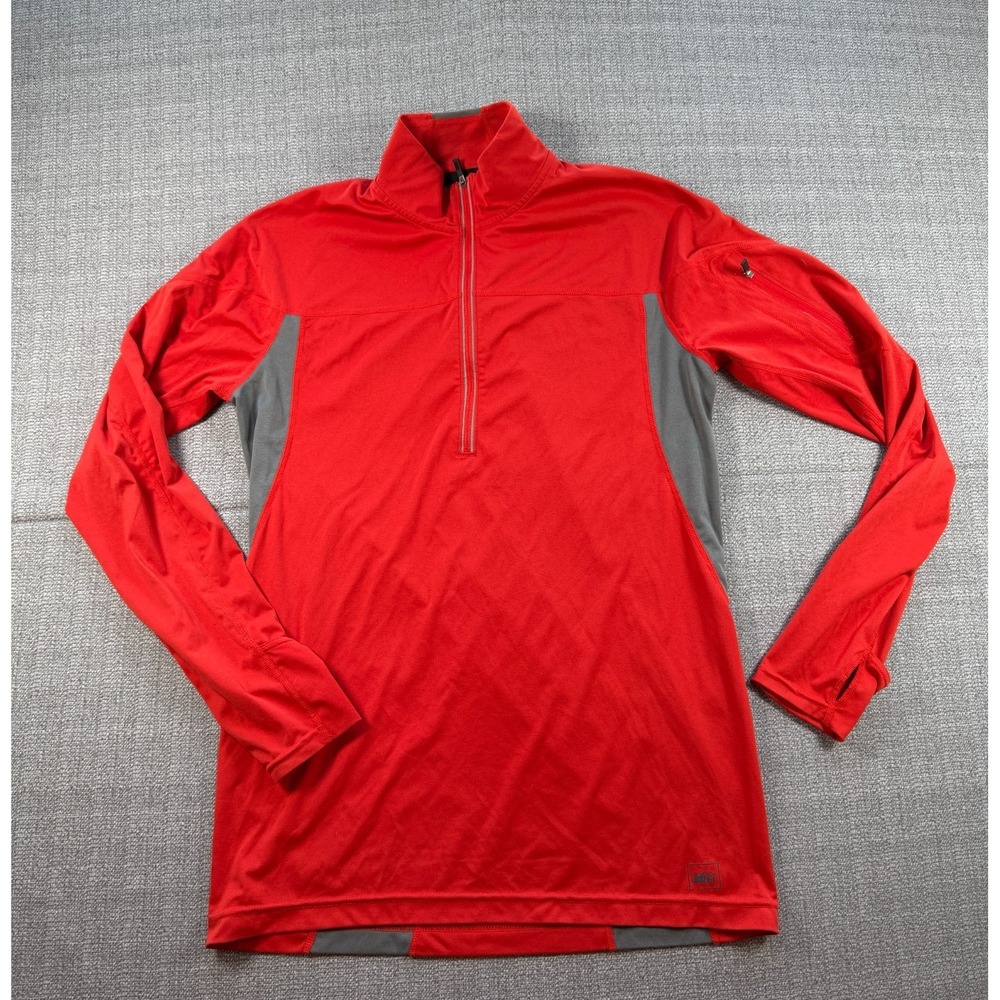 REI Performance Shirt Mens Medium Red Gray Stretch Thambhole Sleeve‎ 1/4 Zip